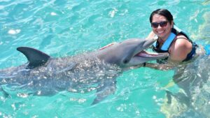 hombre nadando con delfines en isla mujeres